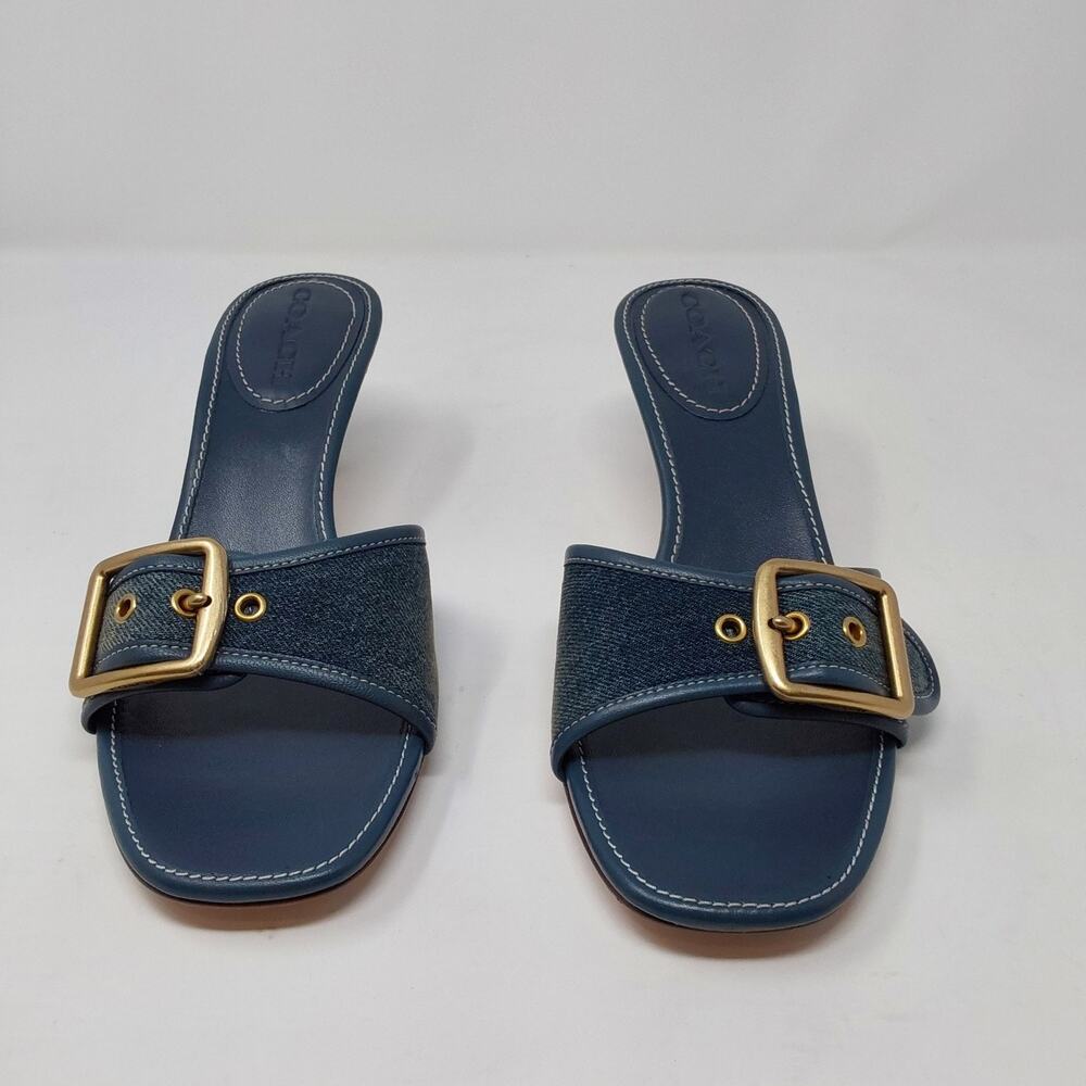 Coach Margot Dark Indigo Denim Buckle Heels Sandals Womens Size 8 - Picture 2 of 16